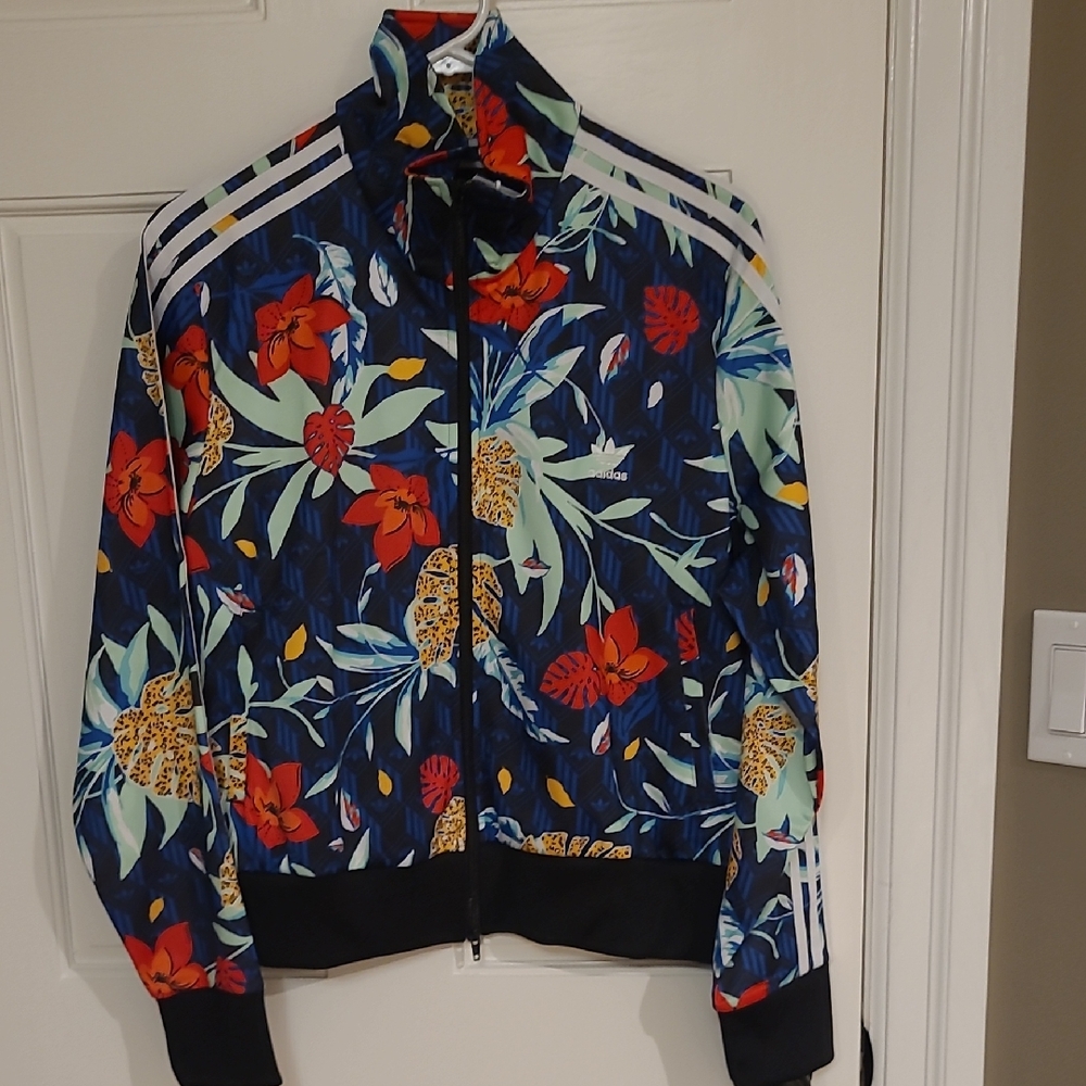 adidas Women's Floral Bomber Jacket - Blue and Red, Size XL, New With Tags